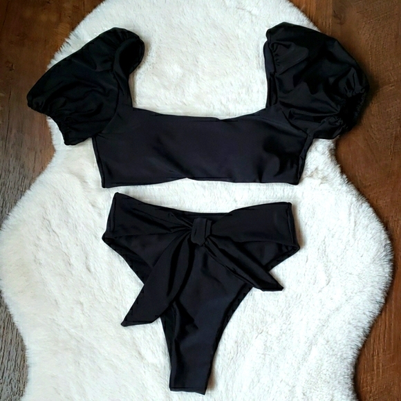 Black Puff Sleeve Bralette Top High-waist Bikini - Picture 3 of 8